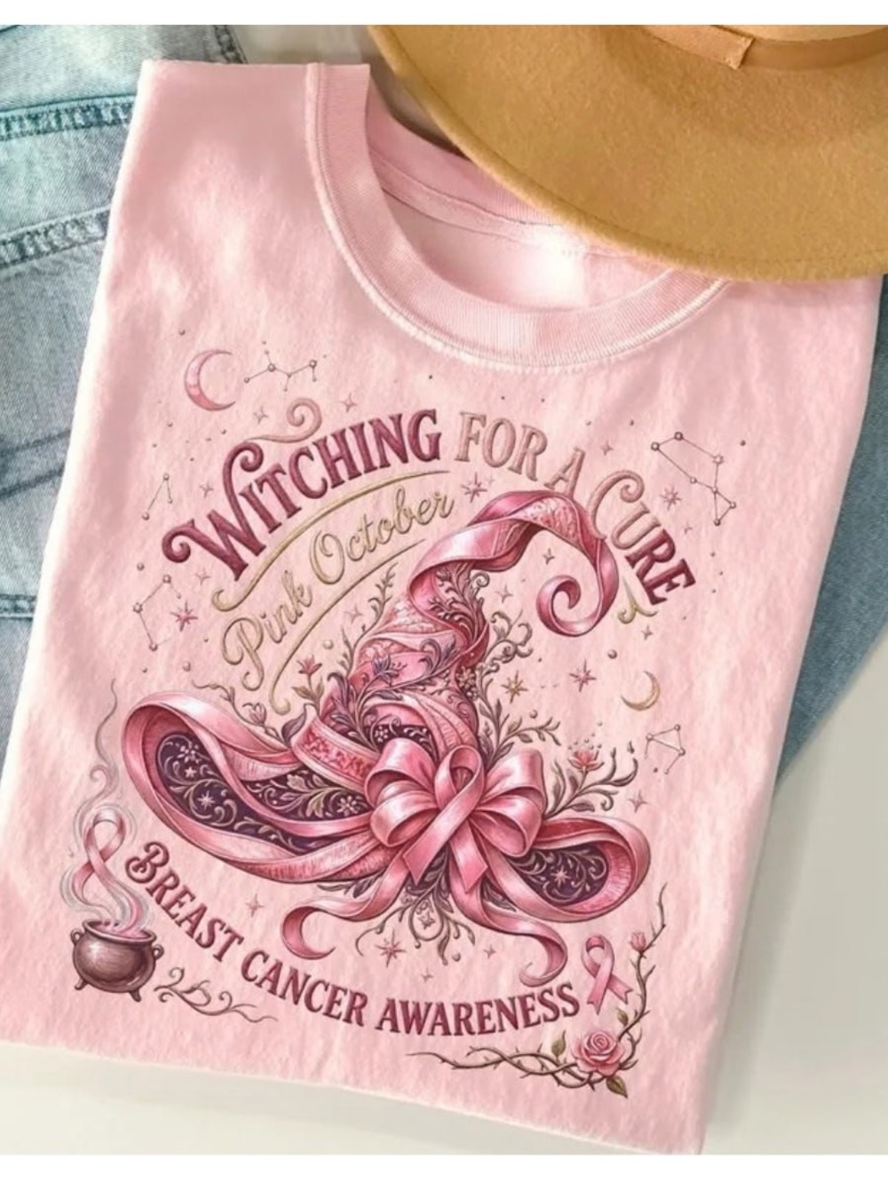 Gildan Pink 'Witching For A Cure' Witch Hat Graphic Tee